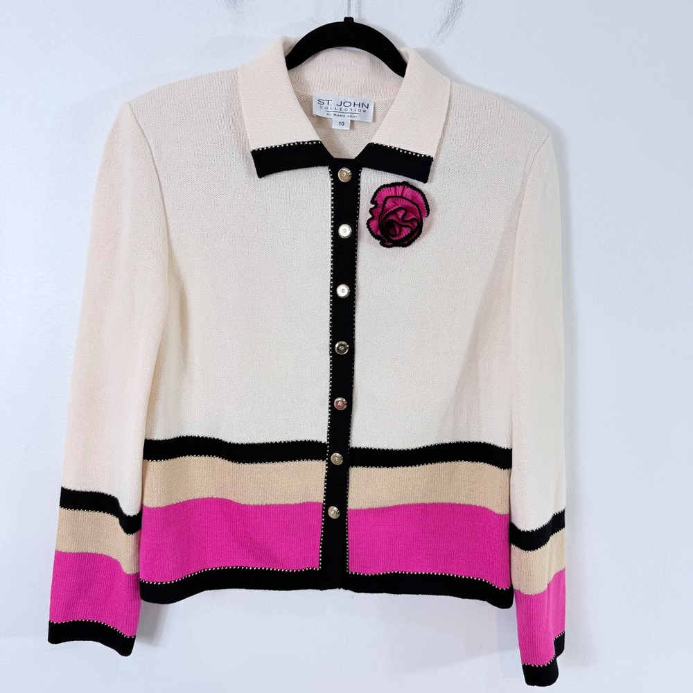 Vintage St.John Collection Santana Knit Dress Jacket Pin Set Pink Cream 10 USA - Picture 13 of 16